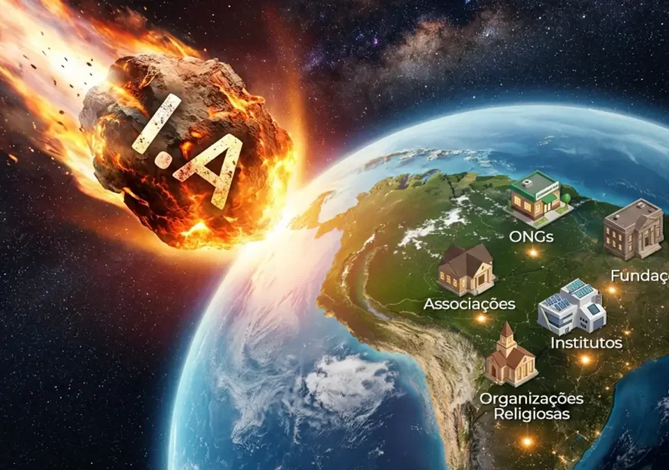 Uma imagem cinematográfica do espaço profundo, mostrando a Terra à direita e um grande asteroide em chamas à esquerda. O asteroide está envolto em chamas e deixa um rastro de fogo e detritos, e tem as letras "I.A" gravadas em sua superfície. Na Terra, o continente sul-americano é visível à noite, com pontos brilhantes representando a ameaça para a Governança para instituições sem fins lucrativos de diferentes tipos de organizações: "ONGs", "Fundações", "Associações", "Institutos" e "Organizações Religiosas". O fundo é um céu estrelado escuro.