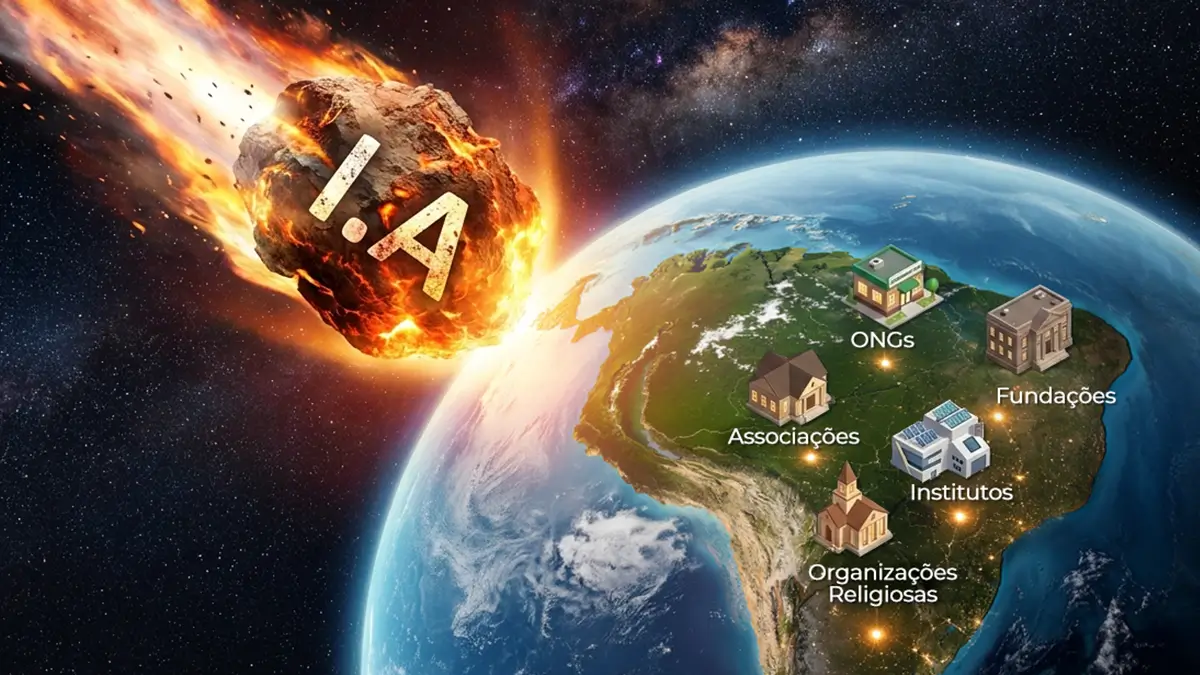 Uma imagem cinematográfica do espaço profundo, mostrando a Terra à direita e um grande asteroide em chamas à esquerda. O asteroide está envolto em chamas e deixa um rastro de fogo e detritos, e tem as letras "I.A" gravadas em sua superfície. Na Terra, o continente sul-americano é visível à noite, com pontos brilhantes representando a ameaça para a Governança para instituições sem fins lucrativos de diferentes tipos de organizações: "ONGs", "Fundações", "Associações", "Institutos" e "Organizações Religiosas". O fundo é um céu estrelado escuro.