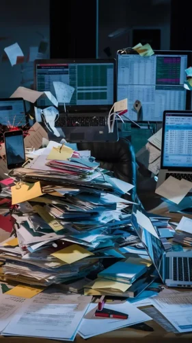 Escritório desorganizado com uma mesa cheia de pilhas altas de documentos, papéis e notas adesivas, cercada por múltiplos monitores e laptops exibindo planilhas e dados. Representa a falta de Governança para instituições sem fins lucrativos